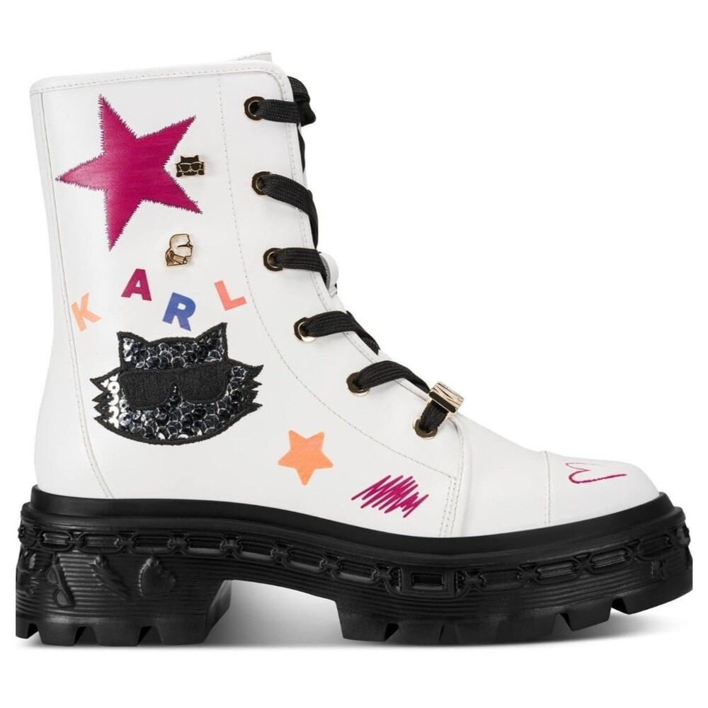 Karl Lagerfeld Paris Women's Combat Boot Lamprini Ikonic White Leather Size 9.5